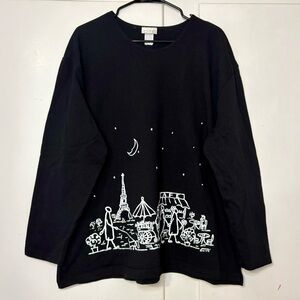 Vintage Cité Cotton Black White Celestial Graphic Long Sleeve Tunic Top